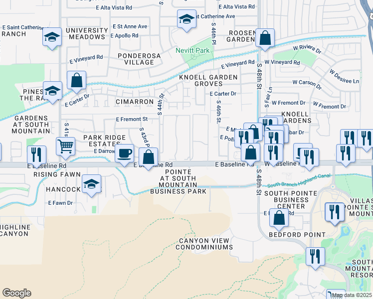 map of restaurants, bars, coffee shops, grocery stores, and more near 4424 East Baseline Road in Phoenix