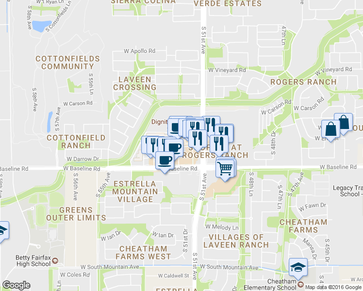 map of restaurants, bars, coffee shops, grocery stores, and more near 5140 W Baseline Rd in Laveen