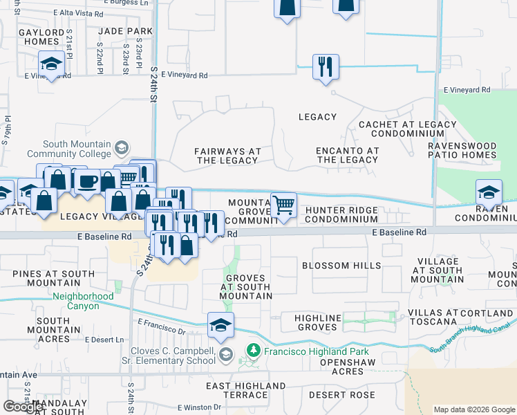 map of restaurants, bars, coffee shops, grocery stores, and more near 7413 South 27th Terrace in Phoenix
