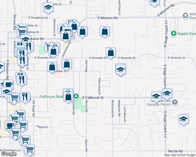 map of restaurants, bars, coffee shops, grocery stores, and more near 519 Debra Ann Drive in Fallbrook