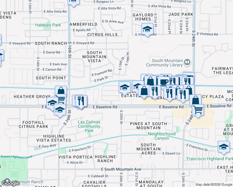 map of restaurants, bars, coffee shops, grocery stores, and more near 1848 East Dunbar Drive in Phoenix