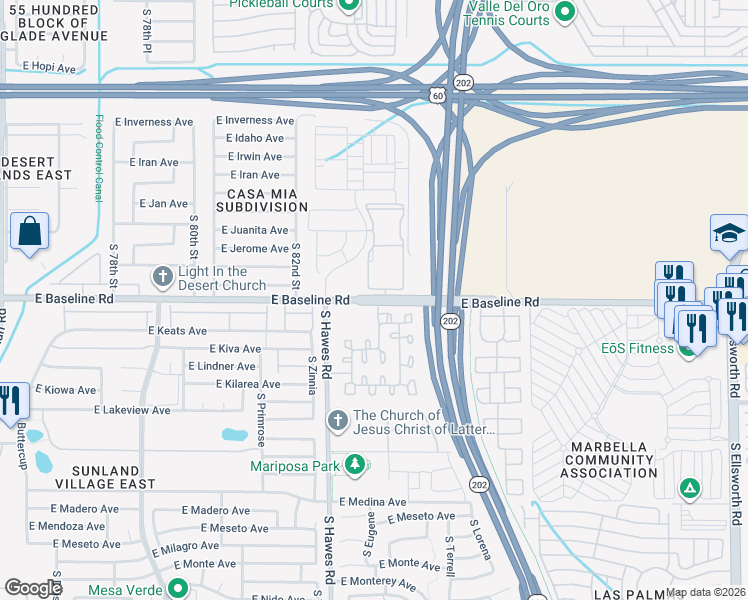 map of restaurants, bars, coffee shops, grocery stores, and more near 8350 East Baseline Road in Mesa