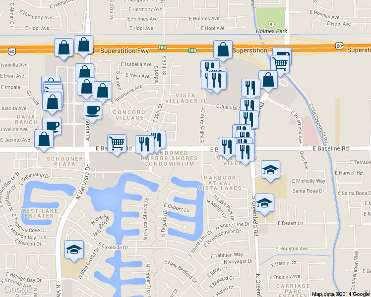 map of restaurants, bars, coffee shops, grocery stores, and more near 4160 East Baseline Road in Mesa