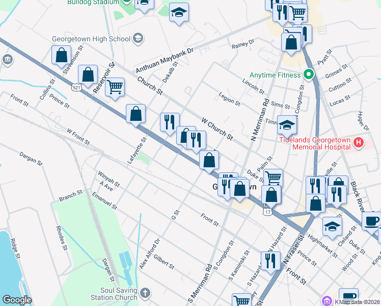 map of restaurants, bars, coffee shops, grocery stores, and more near 2020 Highmarket Street in Georgetown