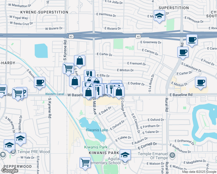 map of restaurants, bars, coffee shops, grocery stores, and more near 208 East Baseline Road in Tempe