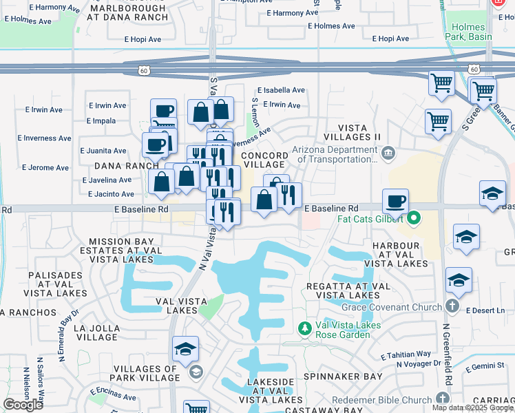 map of restaurants, bars, coffee shops, grocery stores, and more near 3820 East Baseline Road in Mesa