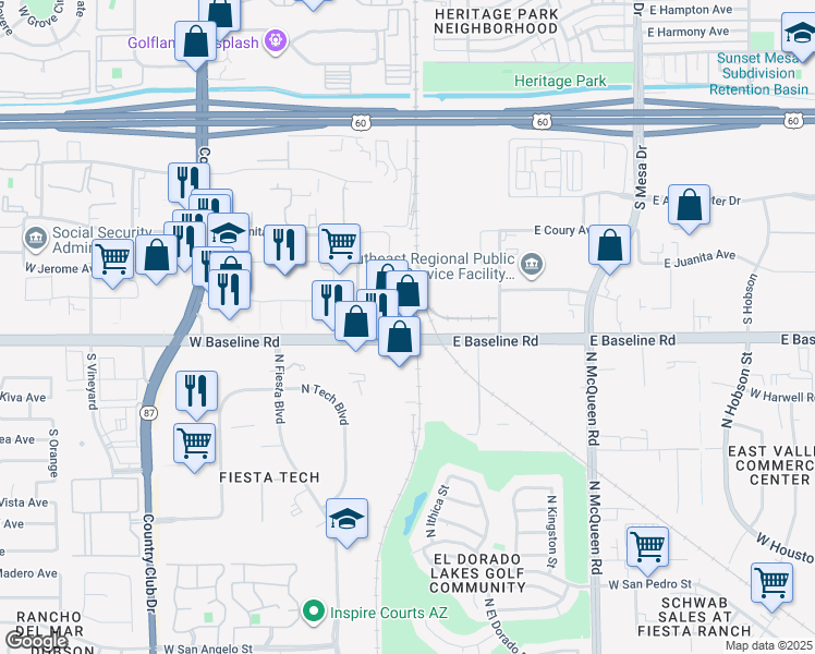 map of restaurants, bars, coffee shops, grocery stores, and more near 20 West Baseline Road in Mesa