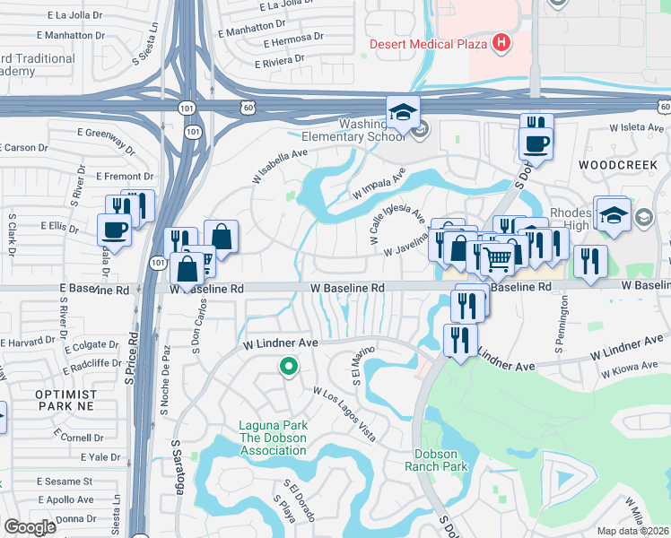 map of restaurants, bars, coffee shops, grocery stores, and more near 2409 West Javelina Avenue in Mesa