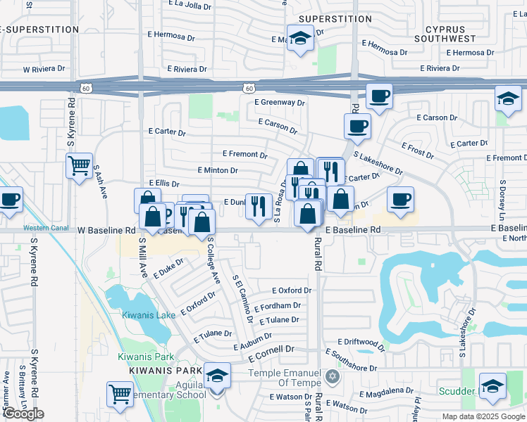 map of restaurants, bars, coffee shops, grocery stores, and more near 610 East Dunbar Drive in Tempe