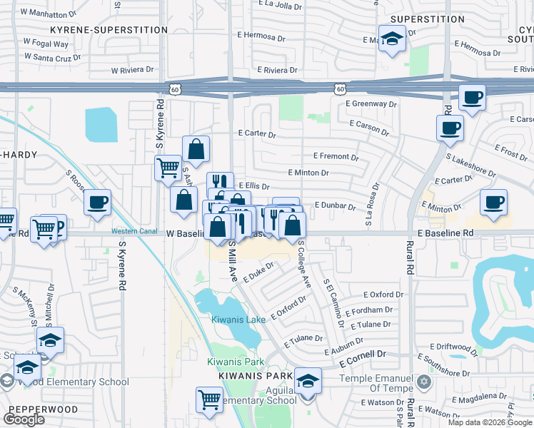 map of restaurants, bars, coffee shops, grocery stores, and more near 208 East Baseline Road in Tempe