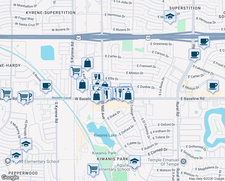 map of restaurants, bars, coffee shops, grocery stores, and more near 208 East Baseline Road in Tempe