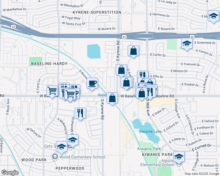 map of restaurants, bars, coffee shops, grocery stores, and more near Baseline Mobile Home Park in Tempe