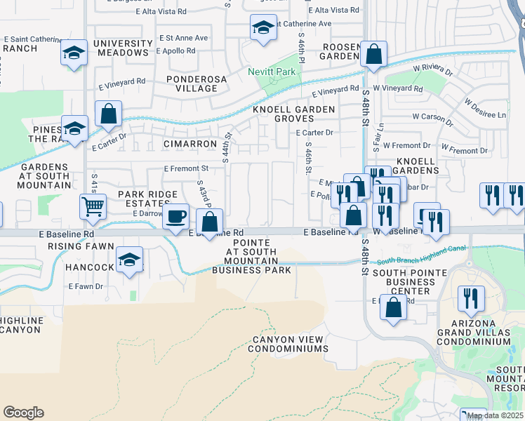 map of restaurants, bars, coffee shops, grocery stores, and more near 4520 East Baseline Road in Phoenix