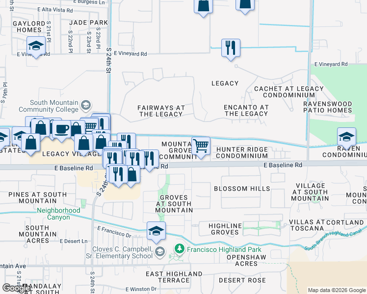 map of restaurants, bars, coffee shops, grocery stores, and more near 7413 South 27th Terrace in Phoenix