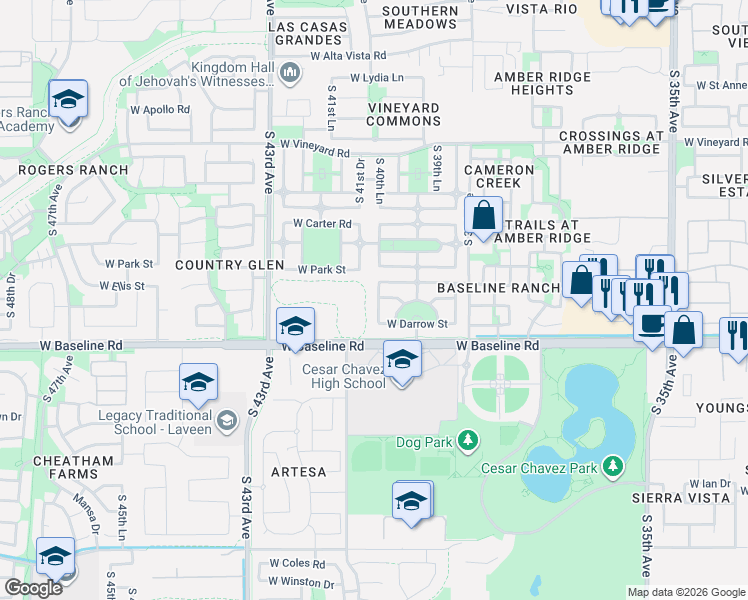 map of restaurants, bars, coffee shops, grocery stores, and more near 7413 South 40th Lane in Phoenix