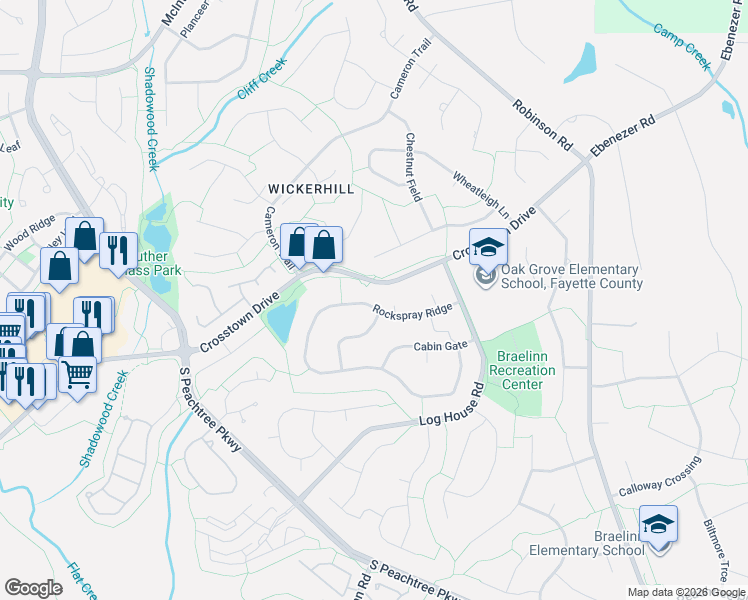 map of restaurants, bars, coffee shops, grocery stores, and more near 193 Rockspray Ridge in Peachtree City