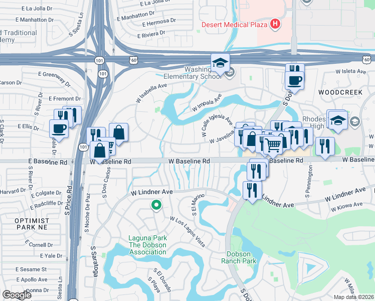 map of restaurants, bars, coffee shops, grocery stores, and more near 2409 West Javelina Avenue in Mesa
