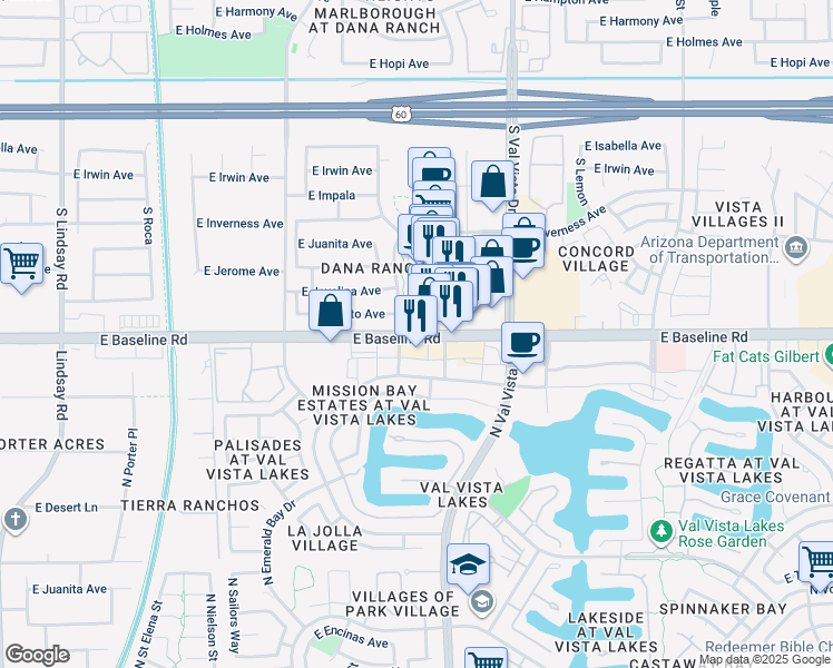 map of restaurants, bars, coffee shops, grocery stores, and more near East Baseline Road in Gilbert