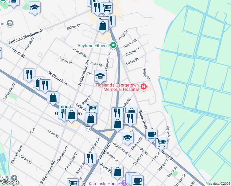 map of restaurants, bars, coffee shops, grocery stores, and more near 531 North Hazard Street in Georgetown