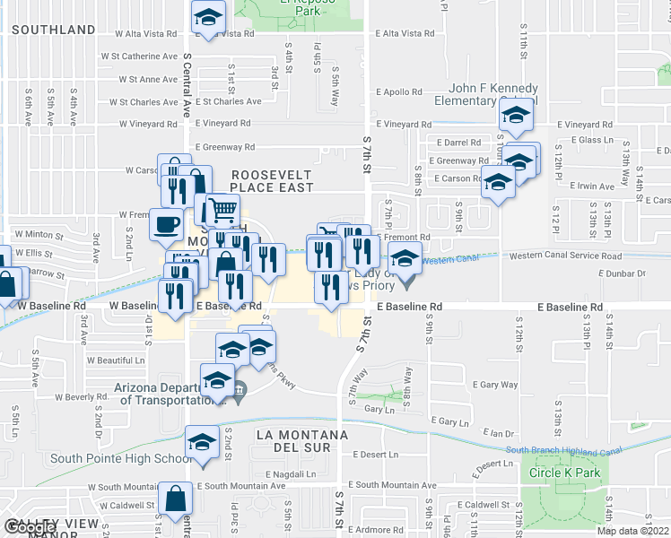 map of restaurants, bars, coffee shops, grocery stores, and more near 520 East Baseline Road in Phoenix
