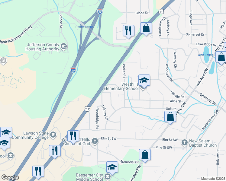 map of restaurants, bars, coffee shops, grocery stores, and more near 822 Montez Drive North in Bessemer
