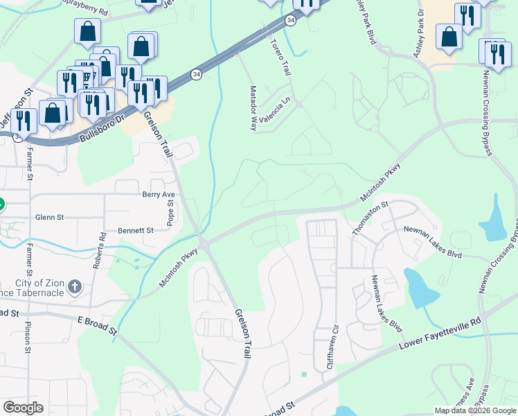 map of restaurants, bars, coffee shops, grocery stores, and more near 90 Brown Ridge Drive in Newnan
