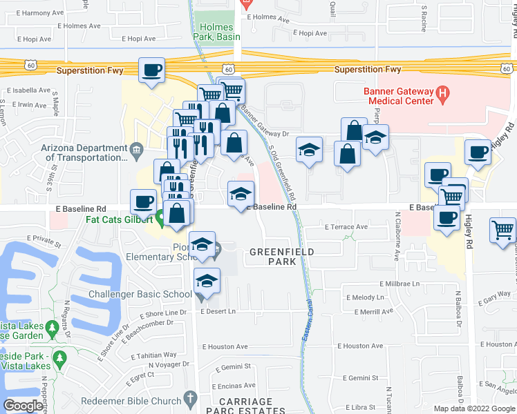 map of restaurants, bars, coffee shops, grocery stores, and more near E Baseline Rd & E Inverness Ave in Gilbert