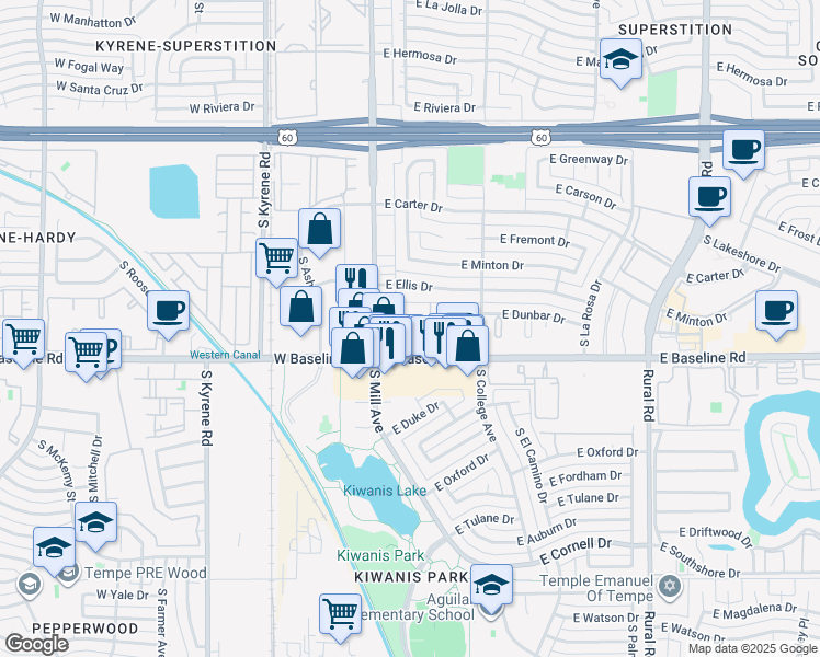 map of restaurants, bars, coffee shops, grocery stores, and more near 208 East Baseline Road in Tempe
