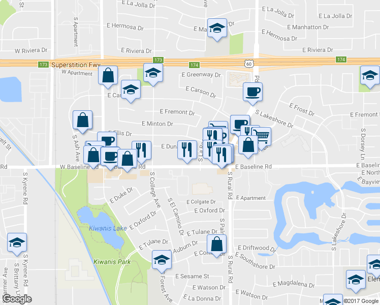 map of restaurants, bars, coffee shops, grocery stores, and more near 610 East Dunbar Drive in Tempe