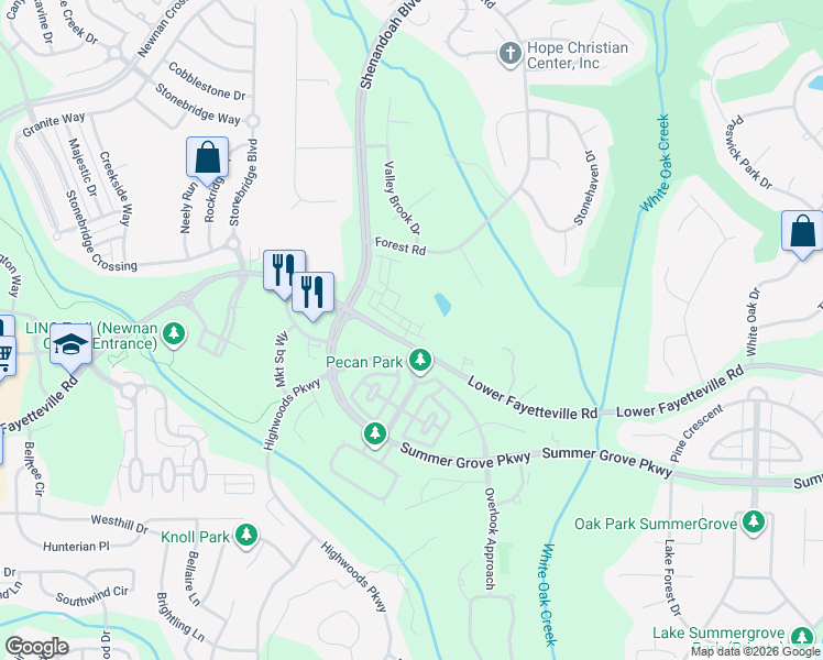 map of restaurants, bars, coffee shops, grocery stores, and more near 458 Forest Road in Newnan