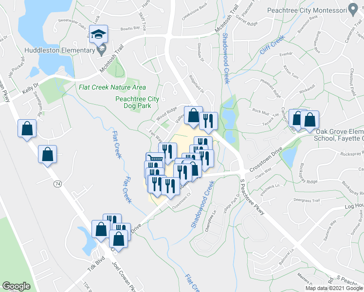 map of restaurants, bars, coffee shops, grocery stores, and more near 400 Crosstown Drive in Peachtree City