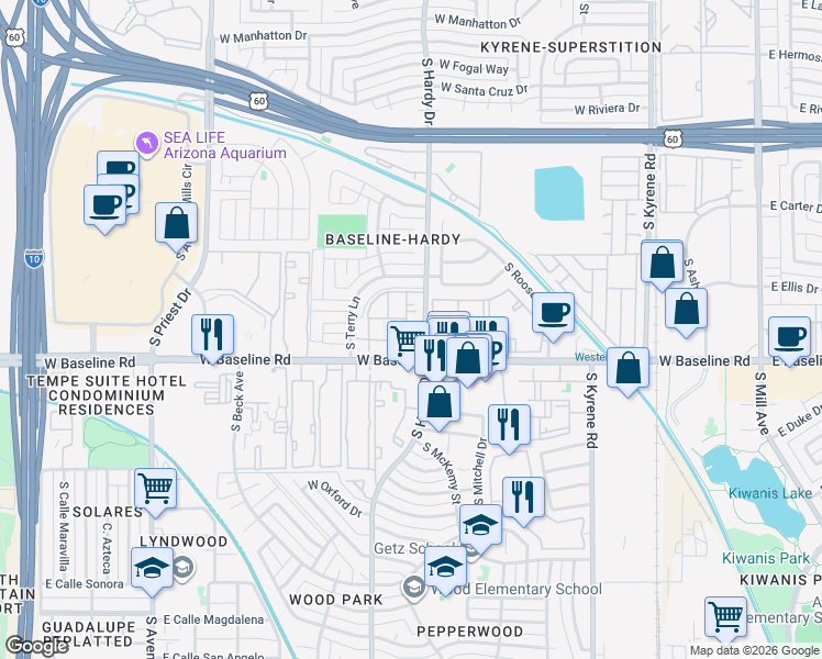map of restaurants, bars, coffee shops, grocery stores, and more near 5038 South Hardy Drive in Tempe