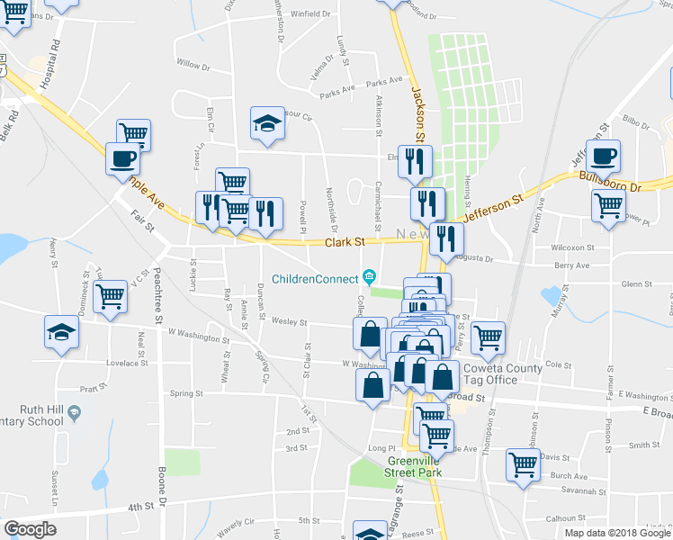 map of restaurants, bars, coffee shops, grocery stores, and more near 43 Temple Avenue in Newnan