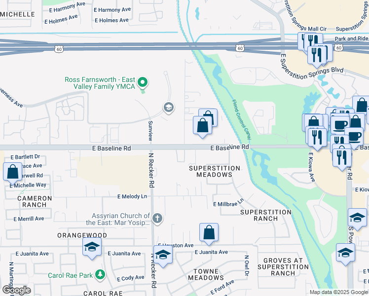 map of restaurants, bars, coffee shops, grocery stores, and more near E Baseline Rd & S Recker Rd in Gilbert