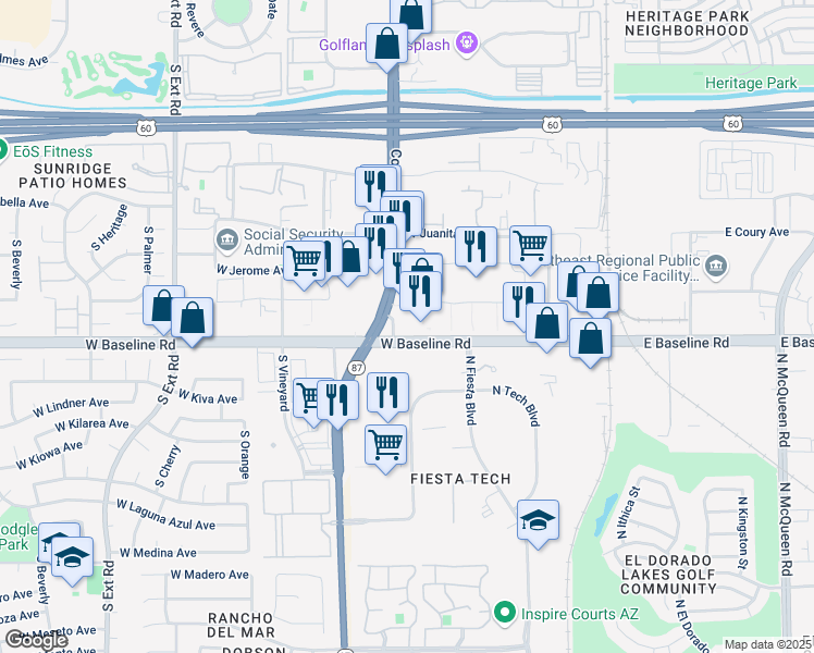 map of restaurants, bars, coffee shops, grocery stores, and more near 362 West Baseline Road in Mesa