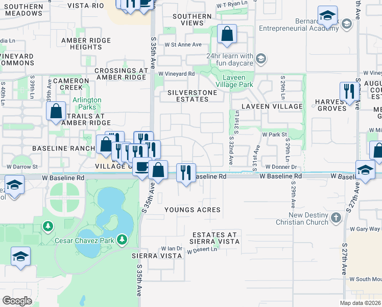 map of restaurants, bars, coffee shops, grocery stores, and more near 3422 West Baseline Road in Phoenix