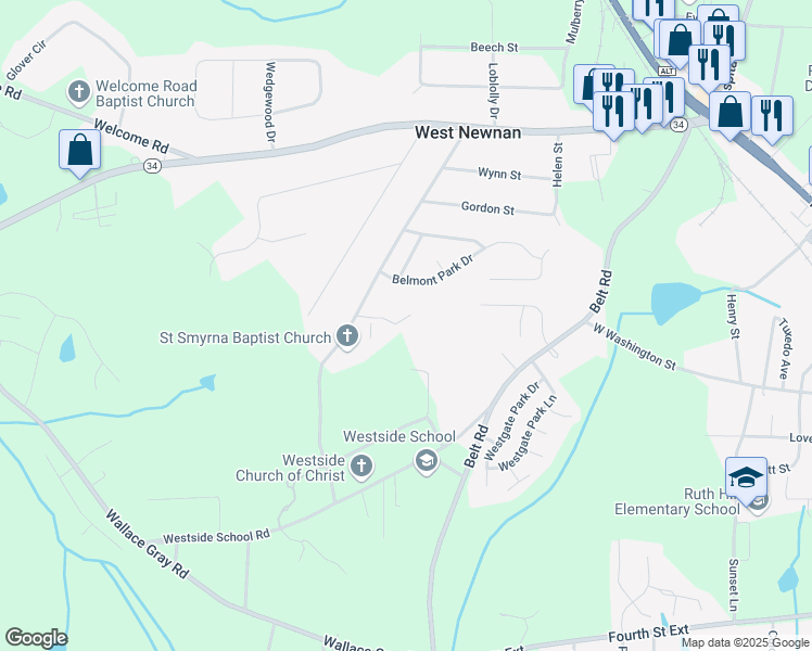 map of restaurants, bars, coffee shops, grocery stores, and more near 60 Heery Road in Newnan