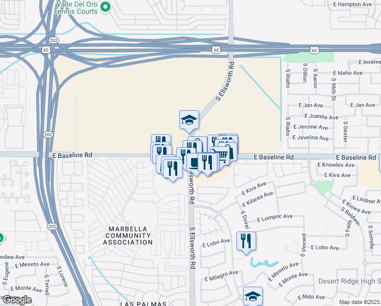 map of restaurants, bars, coffee shops, grocery stores, and more near 1498 South Ellsworth Road in Mesa