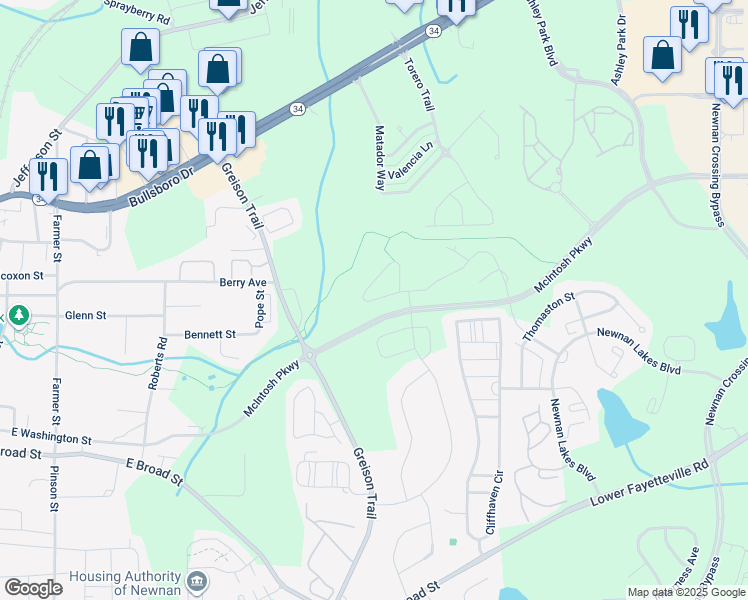 map of restaurants, bars, coffee shops, grocery stores, and more near 90 Brown Ridge Drive in Newnan