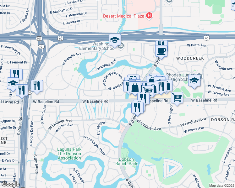 map of restaurants, bars, coffee shops, grocery stores, and more near 2254 West Jacinto Circle in Mesa