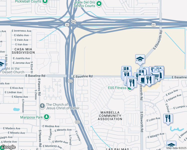 map of restaurants, bars, coffee shops, grocery stores, and more near 8853 East Baseline Road in Mesa