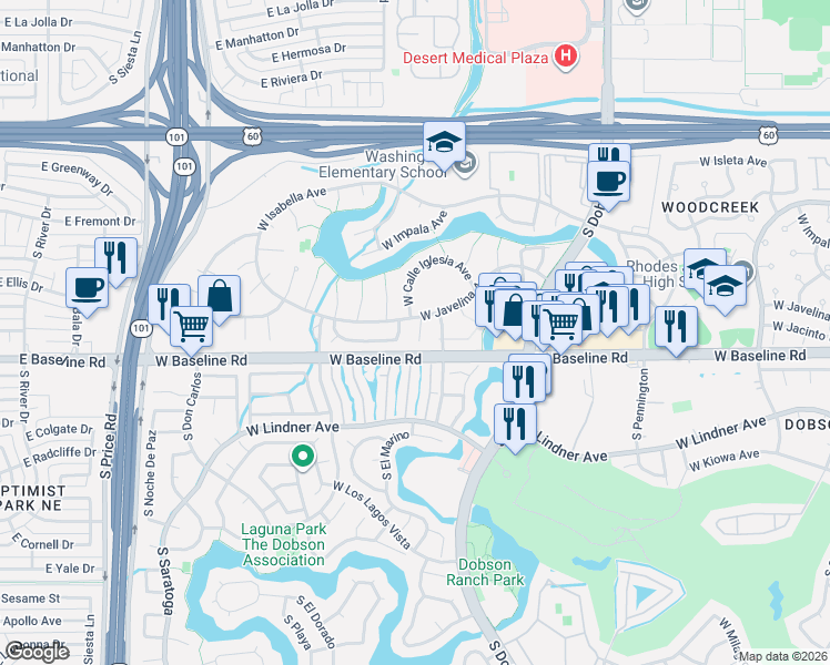 map of restaurants, bars, coffee shops, grocery stores, and more near 1934 South Alta Vista Circle in Mesa