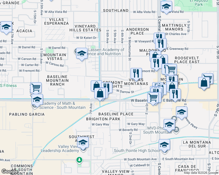 map of restaurants, bars, coffee shops, grocery stores, and more near 501 West Ellis Street in Phoenix