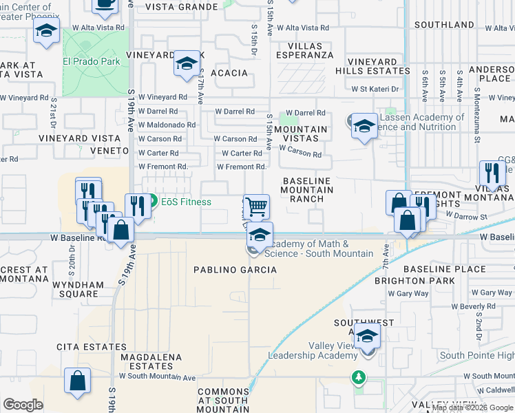 map of restaurants, bars, coffee shops, grocery stores, and more near 7409 South 15th Lane in Phoenix