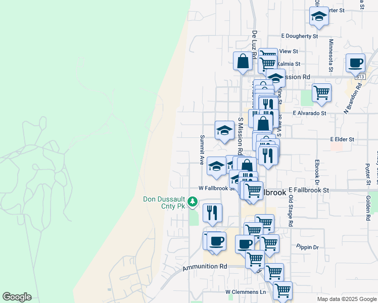 map of restaurants, bars, coffee shops, grocery stores, and more near 717 West College Street in Fallbrook