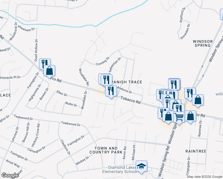 map of restaurants, bars, coffee shops, grocery stores, and more near 2570 Andorra Drive in Hephzibah