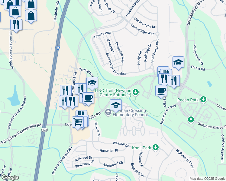 map of restaurants, bars, coffee shops, grocery stores, and more near 285 Summerlin Boulevard in Newnan