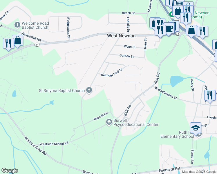 map of restaurants, bars, coffee shops, grocery stores, and more near 60 Heery Road in Newnan