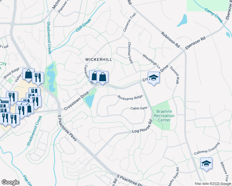 map of restaurants, bars, coffee shops, grocery stores, and more near 191 Rockspray Ridge in Peachtree City