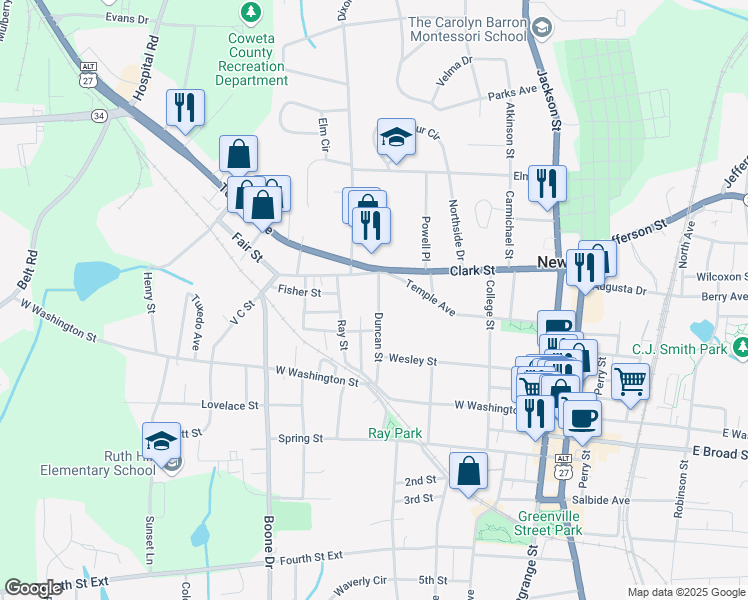 map of restaurants, bars, coffee shops, grocery stores, and more near 46 Richard Allen Drive in Newnan
